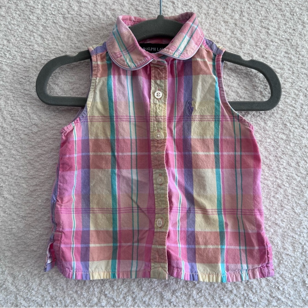 Ralph Lauren Baby Madras Pink Plaid Cotton Sleeveless Tank Cotton Size 9 Months